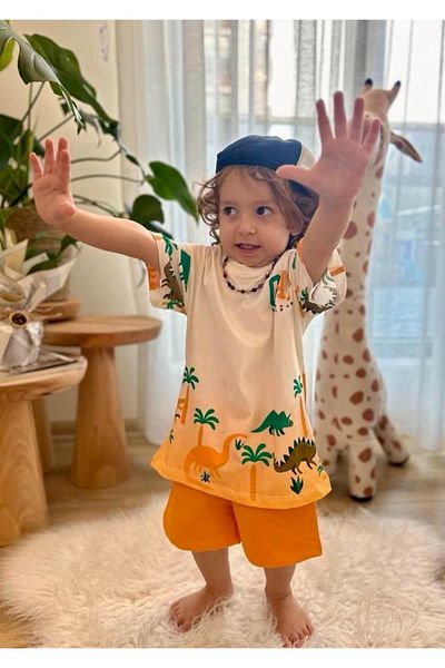 Uğur bebe Boy's Dinosaur Patterned 100% Cotton Ecru Orange Shorts Set - G.A.P