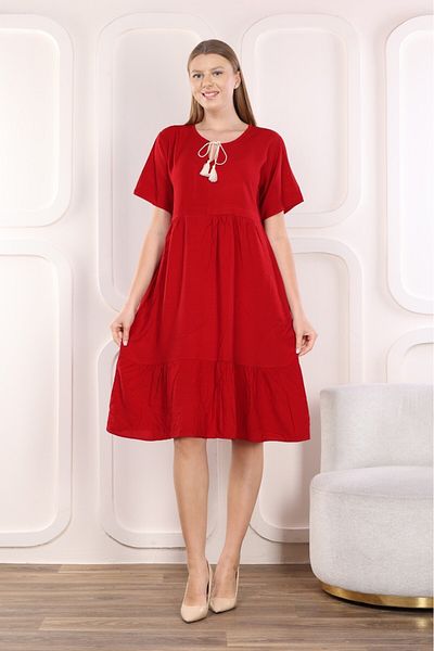 mervemoda Rochie de vară țesută pentru femei, cu mânecă scurtă, până la genunchi