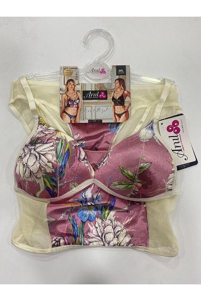 Anıl Floral Printed No-Wire Bralet and Slip Set - Unpadded Collar Detail (4222)