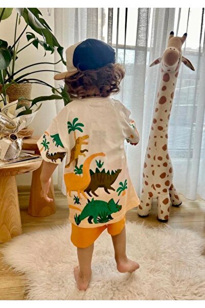 Uğur bebe Boy's Dinosaur Patterned 100% Cotton Ecru Orange Shorts Set - G.A.P