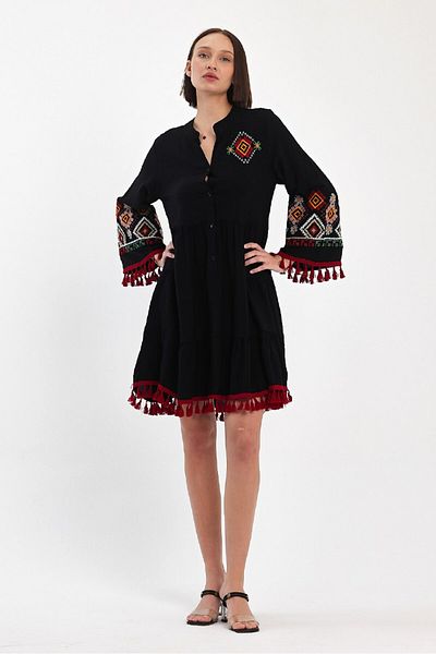 AYASOFYA OTANTIK Ethnic Embroidered Black Women's Dress - Pompom Detail