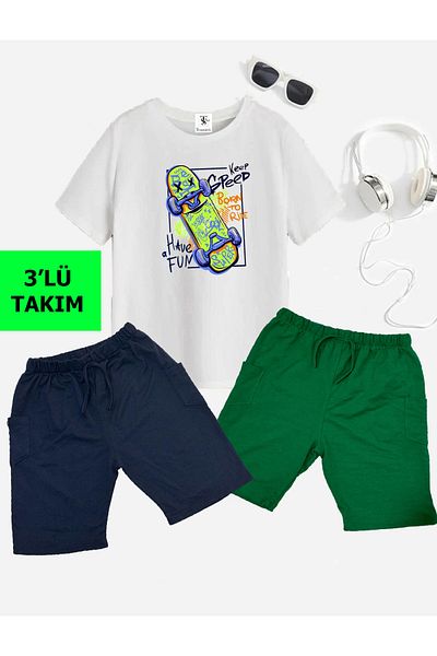 twins tailors Skateboard Printed 2 Pantaloni scurți 1 Tricou Set Copii Vară