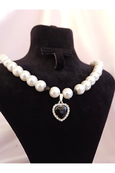 LE&DA Accessory Kalpli Siyah Taşlı İnci Kolye Kararmaz