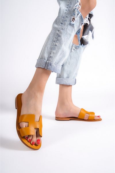 DaphneSandals Handmade Genuine Leather Yellow Women's Slippers - 2108