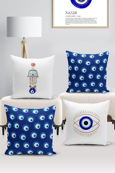 Bertille Home Seria Evil Eye, set de 4 huse de pernă cu imprimare digitală pe două fețe (husă de pernă pentru ochi Evil)
