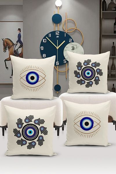 Bertille Home Nazar Series Double Sided Digital Printed 4-Piece Throw Pillow Case Set (Evil Eye Cushion Cover)