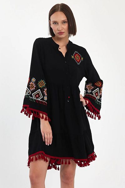 AYASOFYA OTANTIK Ethnic Embroidered Black Women's Dress - Pompom Detail