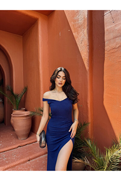 Mekafashion فستان سهرة برقبة مادونا هارولد لامع -582539