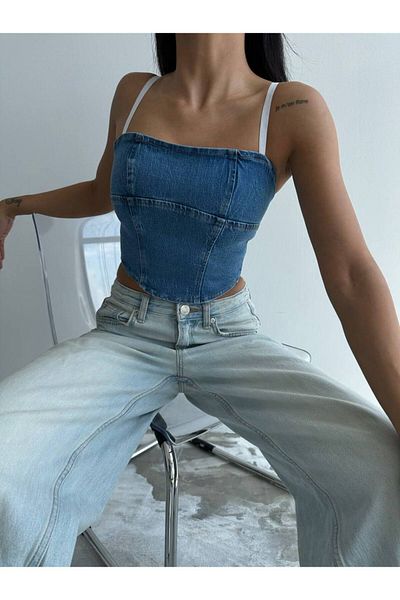 Rabury Butik Crop Top din Denim cu bretele - Bustieră