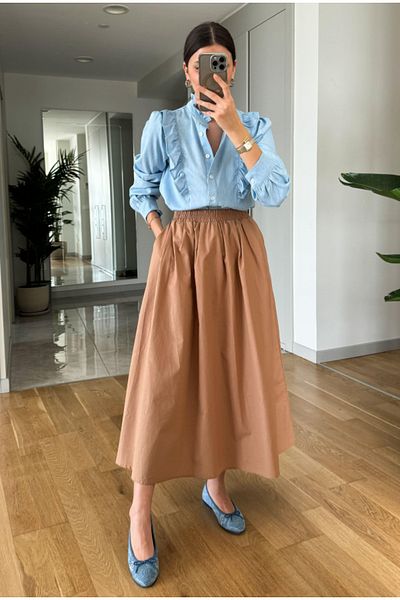 My Blog Coffee Belt Elastic Poplin Side Pocketed Skirt