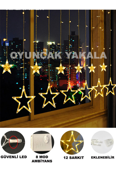 oyuncak yakala 12 Sarkıt Dekoratif Gün Işığı Yıldız Perde Led 8 Fonksiyonlu