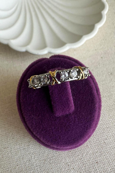 MODA خاتم كابريا نحاسي X مرصع بالأحجار للنساء باللون الذهبي