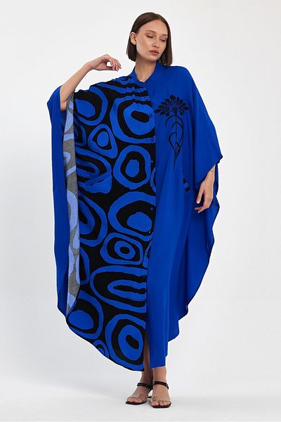 AYASOFYA OTANTIK Rochie cămașă oversize cu broderie neagră și albastră