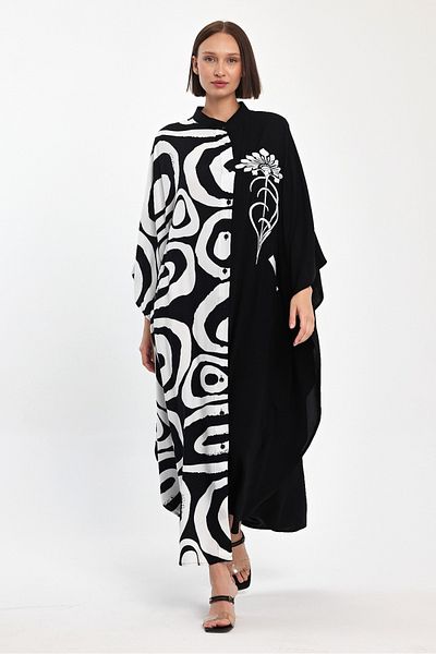 AYASOFYA OTANTIK Rochie cămașă oversize cu broderie alb-negru