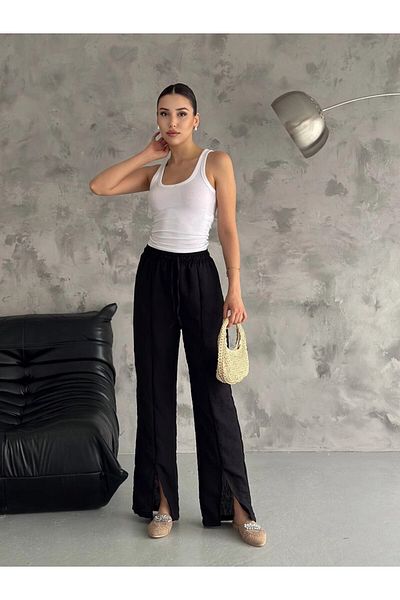 hazelin Black Linen Unlined Trousers - Elastic Waist, Slit Detail, Pocketless HZL24S-FRY121941