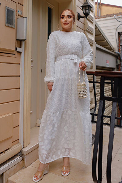 benguen 1389-1 Cutout Chiffon Dress with Belt White