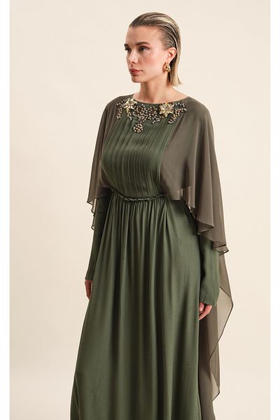 VERDA Viscous Evening Dress with Embroidered Collar and Tulle Detail