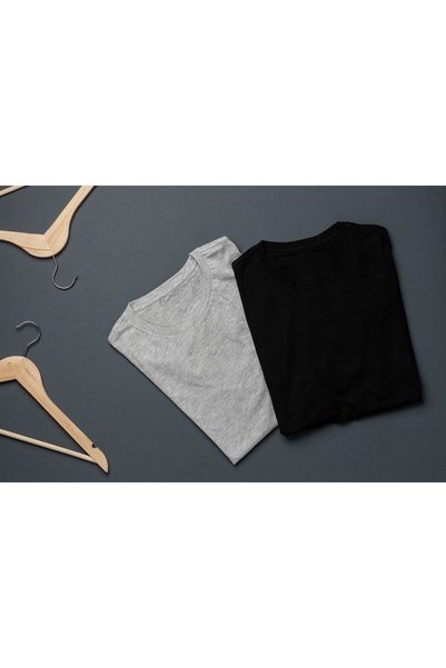 TURLUHAN Black Gray Slim Fit Crew Neck 2-Piece Plain T-Shirt Pack