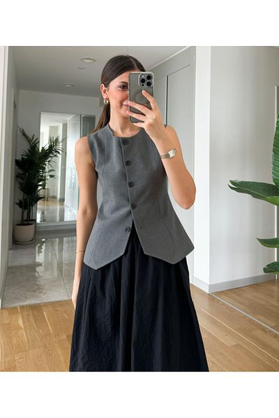 My Blog Cotton Vest with Buttons on the Front, Sitting on the Grey Waist