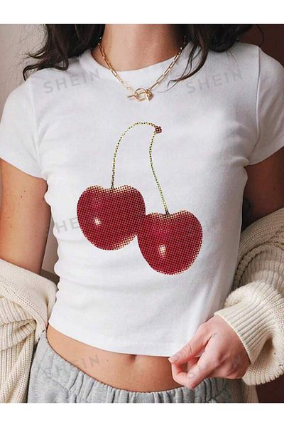 Köstebek Vintage Cherry Pattern Crop T-Shirt