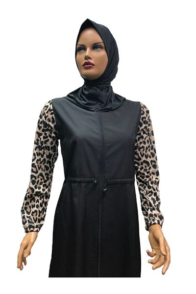 eflin Plus Size Full Covered Leopard Print Hijab Swimsuit - Black, Coffee, Cream