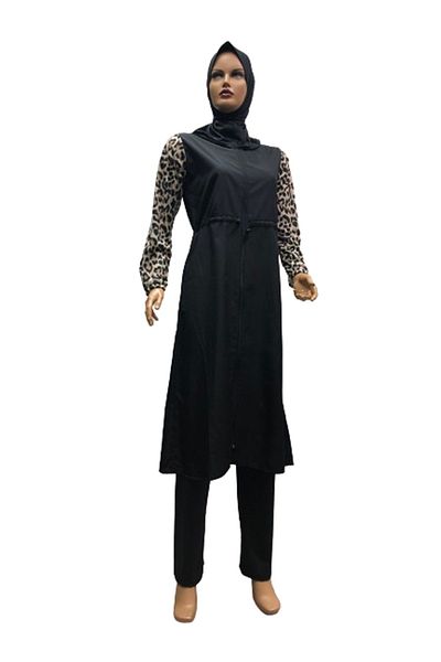 eflin Plus Size Full Covered Leopard Print Hijab Swimsuit - Black, Coffee, Cream