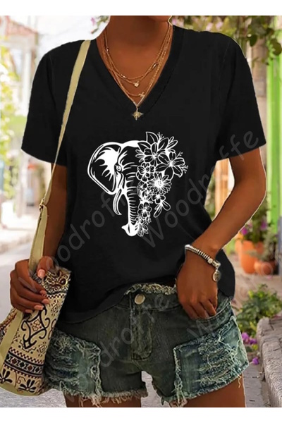 WOODROFFE Tricou negru cu decolteu în V, prietenos cu animalele - Potrivire l...