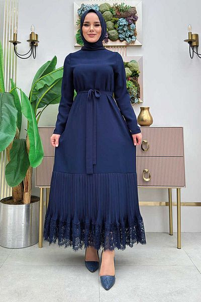 Bym Fashion Hem Pleated Lace-Looking Belted Dress 3890 Navy Blue