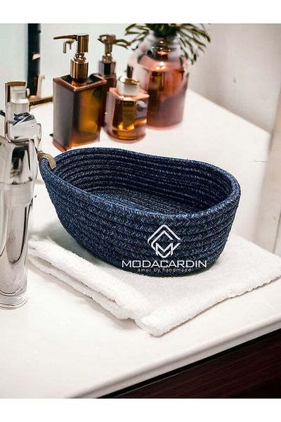 BDZ DERİ Navy Blue Jute Basket, Straw Organizer, Kitchen Bread and Fruit Basket, Fashionable and Convenient