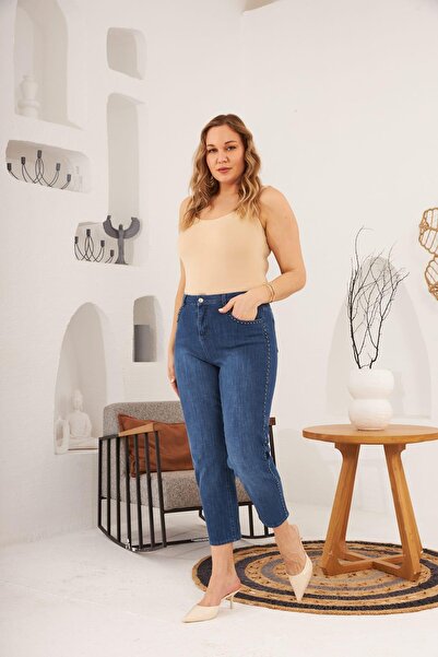 RMG Büyük Beden Yanları trok baskılı Mom Jeans Mavi Pantolon