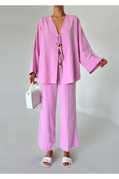 Laluvia Leinen-Kimono-Set – Rosa Perlendetails