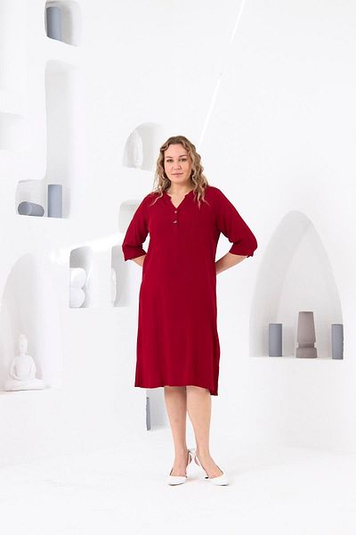 RMG Plus Size Viscose Dress - Claret Red RMG, Button Detail, Summer 06354