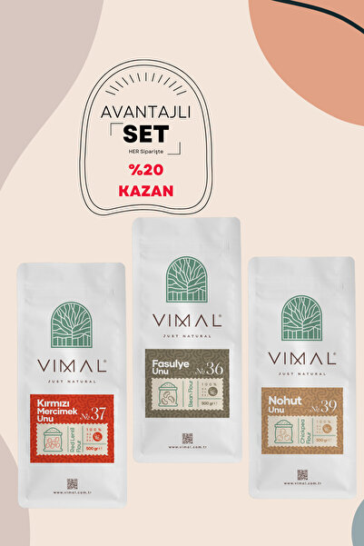 VIMAL Avantajlı 3lü Set Kırmızı Mercimek unu 500g + Fasulye Unu 500g + Nohut ...