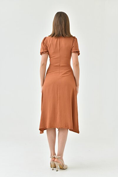 WOMAN VISION Dámské podšité Aerobin Fabric Design Button-Down Design Ragage Límec Krátký rukáv Hnědé midi šaty 121