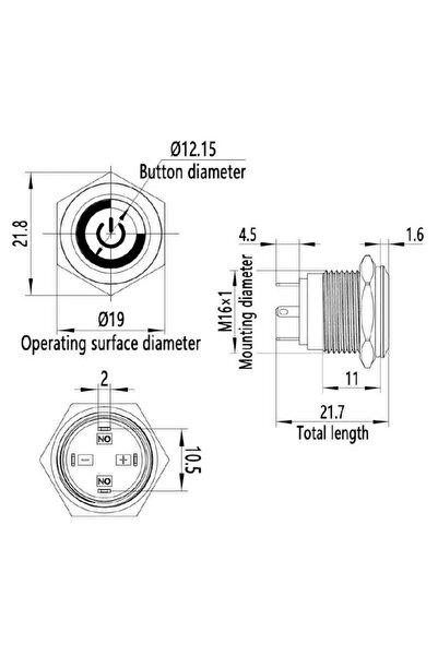 Motorobit 16H-P1-EC 16mm Düz Yaylı Işıklı Power Metal Buton - Yeşil