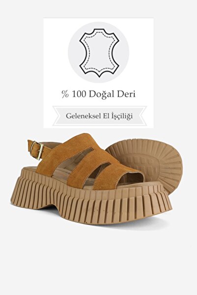 TUNAELLİ Tan Suede Women's Sandals - Genuine Natural Leather, Size 36-41