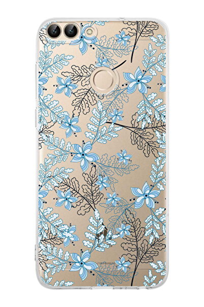PrintiFy Huawei PSmart (2018) Uyumlu Kamera Korumalı Floral Mavi Tasarımlı Şeffaf Kılıf