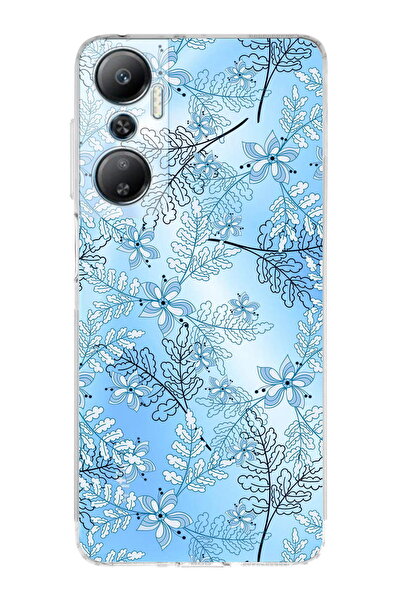PrintiFy İnfinix Hot 20 Uyumlu Kamera Korumalı Floral Mavi Tasarımlı Şeffaf S...