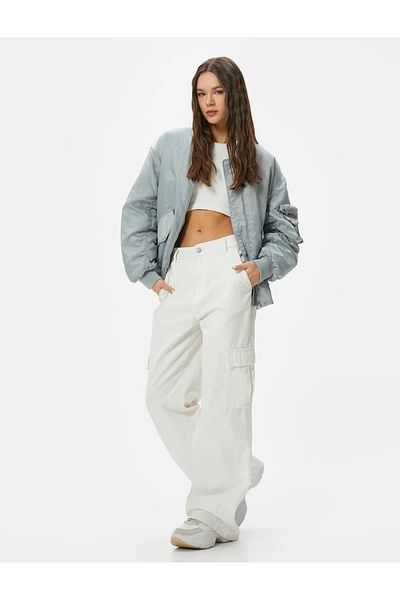 Koton College Collar Zippered Double Pocket Bomber Jacket
