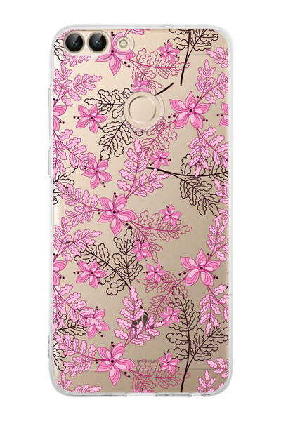 PrintiFy Huawei PSmart (2018) Uyumlu Kamera Korumalı Floral Pembe Tasarımlı Şeffaf Kılıf