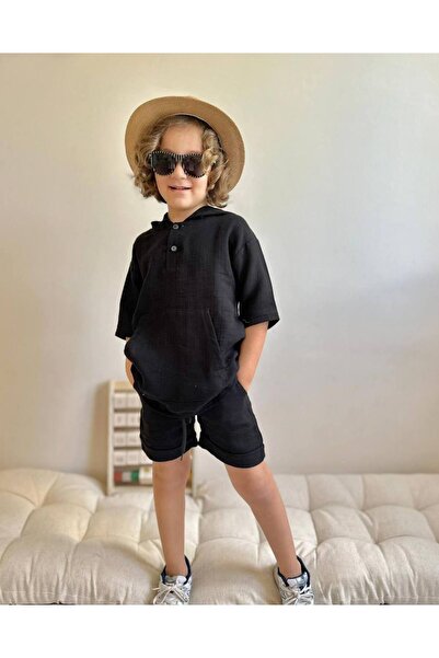 hira kids collection Costum pentru băiat, negru, cu glugă, din țesătură de mu...