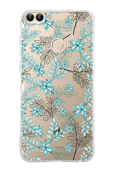 PrintiFy Huawei PSmart (2018) Uyumlu Kamera Korumalı Floral Su Yeşili Tasarımlı Şeffaf Kılıf