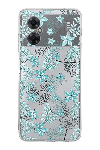 PrintiFy Xiaomi Redmi Note 11R Uyumlu Kamera Korumalı Floral Su Yeşili Tasarımlı Şeffaf Kılıf