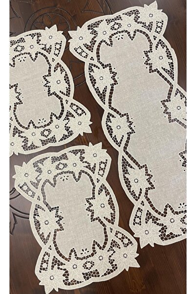 Hane7 Keten Beyaz İş Yıldız 3 Parça Örtü