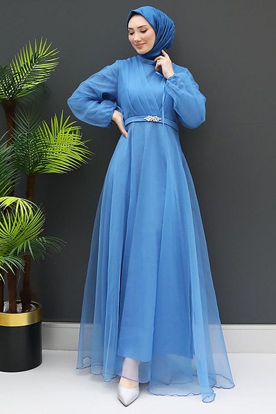 GİZ AGİYİM Stone Belt Tulle Dress Blue