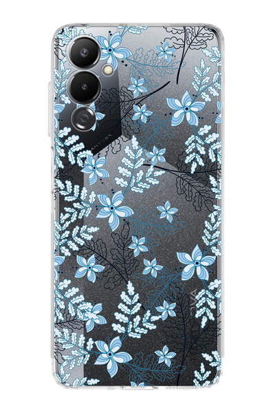 PrintiFy Tecno Pova 4 Uyumlu Kamera Korumalı Floral Mavi Tasarımlı Şeffaf Silikon Kılıf