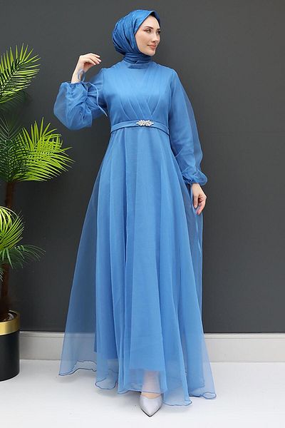 GİZ AGİYİM Stone Belt Tulle Dress Blue