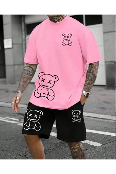 AMOR FACE LARGE SIZE SPECIAL DESIGN 4 BEAR PRINTED COTTON OVERSIZED MEN'S BLANKET T-SHIRT SHORTS SET