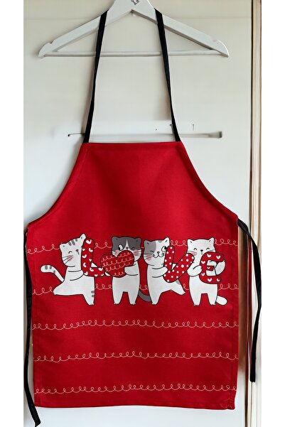 KEDİ Red Cat Set of 2 - Stain-Proof Apron for Mother and Child