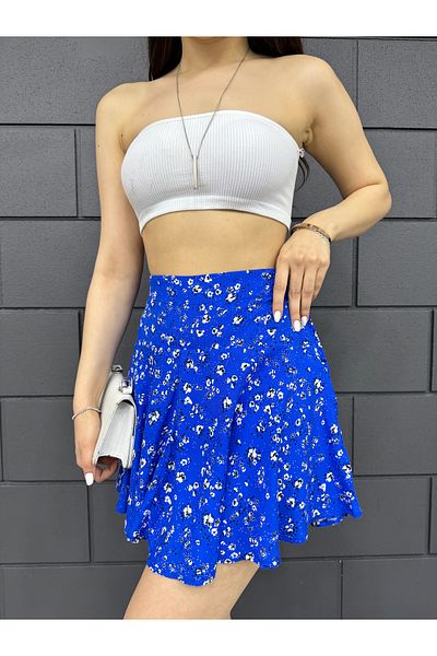 LE CARAMBOLE Blue Floral Patterned Viscose Women's Summer Shorts Skirt - 1905